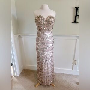 Bari Jay Shimmer gold sequin lace dress with beaded top.
